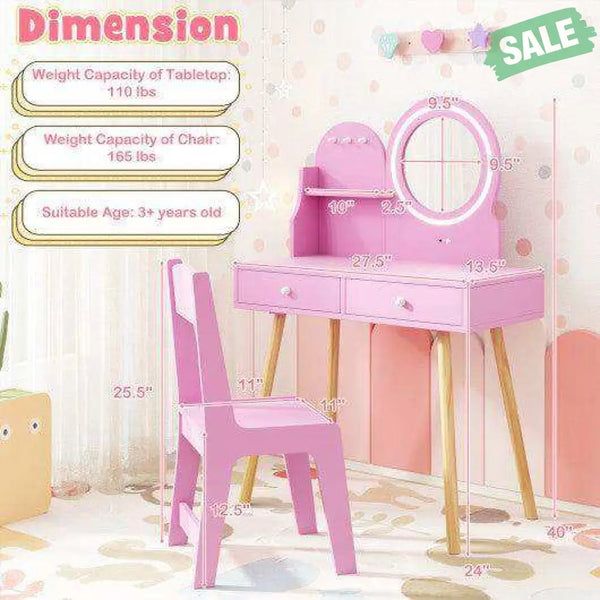Kids Princess Makeup Dressing Desk and Chair Set with Mirror and Lights-Pink Pink Kids Table & Chair Sets