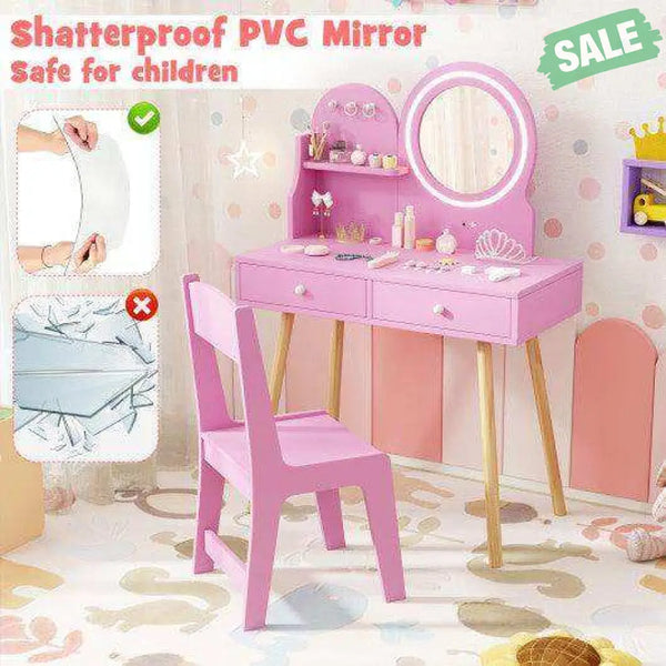 Kids Princess Makeup Dressing Desk and Chair Set with Mirror and Lights-Pink Pink Kids Table & Chair Sets