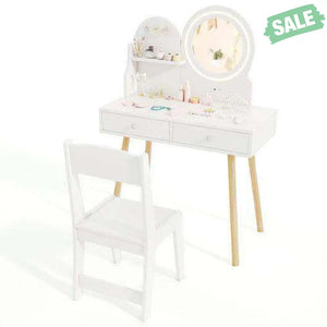 Kids Princess Makeup Dressing Desk and Chair Set with Mirror and Lights-Pink Pink Kids Table & Chair Sets