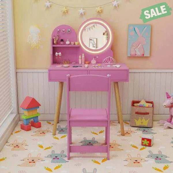 Kids Princess Makeup Dressing Desk and Chair Set with Mirror and Lights-Pink Pink Kids Table & Chair Sets
