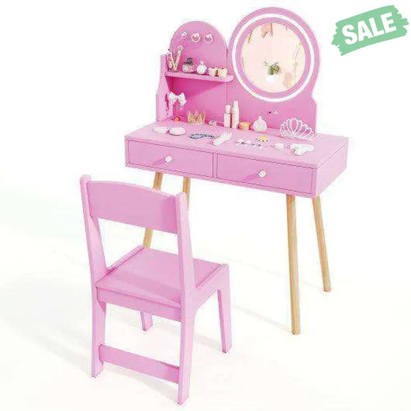Kids Princess Makeup Dressing Desk and Chair Set with Mirror and Lights-Pink Pink Kids Table & Chair Sets