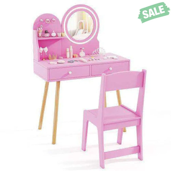 Kids Princess Makeup Dressing Desk and Chair Set with Mirror and Lights-Pink Pink Kids Table & Chair Sets