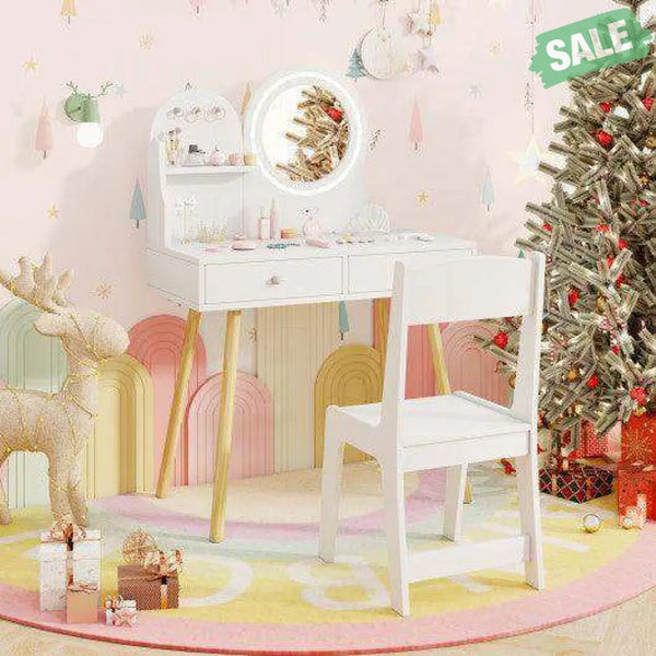 Kids Princess Makeup Dressing Desk and Chair Set with Mirror and Lights-Pink Pink Kids Table & Chair Sets