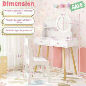 Kids Princess Makeup Dressing Desk and Chair Set with Mirror and Lights-Pink Pink Kids Table & Chair Sets