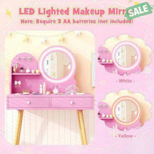 Kids Princess Makeup Dressing Desk and Chair Set with Mirror and Lights-Pink Pink Kids Table & Chair Sets