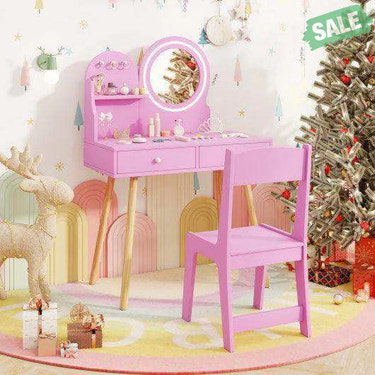 Kids Princess Makeup Dressing Desk and Chair Set with Mirror and Lights-Pink Pink Kids Table & Chair Sets
