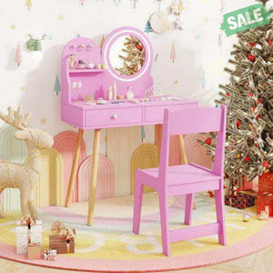 Kids Princess Makeup Dressing Desk and Chair Set with Mirror and Lights-Pink Pink Kids Table & Chair Sets