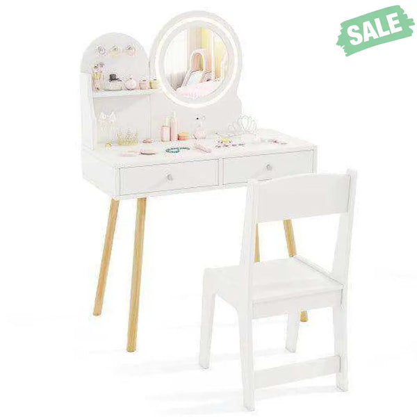 Kids Princess Makeup Dressing Desk and Chair Set with Mirror and Lights-Pink Pink Kids Table & Chair Sets