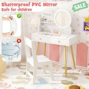 Kids Princess Makeup Dressing Desk and Chair Set with Mirror and Lights-Pink Pink Kids Table & Chair Sets