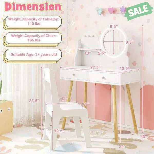 Kids Princess Makeup Dressing Desk and Chair Set with Mirror and Lights-White