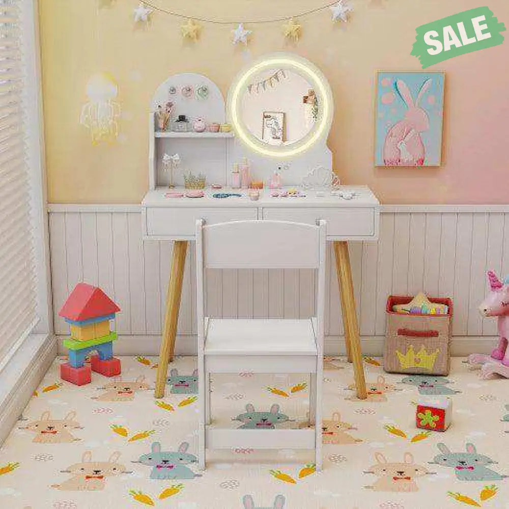 Kids Princess Makeup Dressing Desk and Chair Set with Mirror and Lights-White
