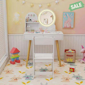 Kids Princess Makeup Dressing Desk and Chair Set with Mirror and Lights-White