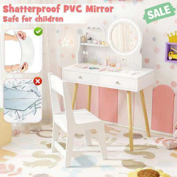 Kids Princess Makeup Dressing Desk and Chair Set with Mirror and Lights-White