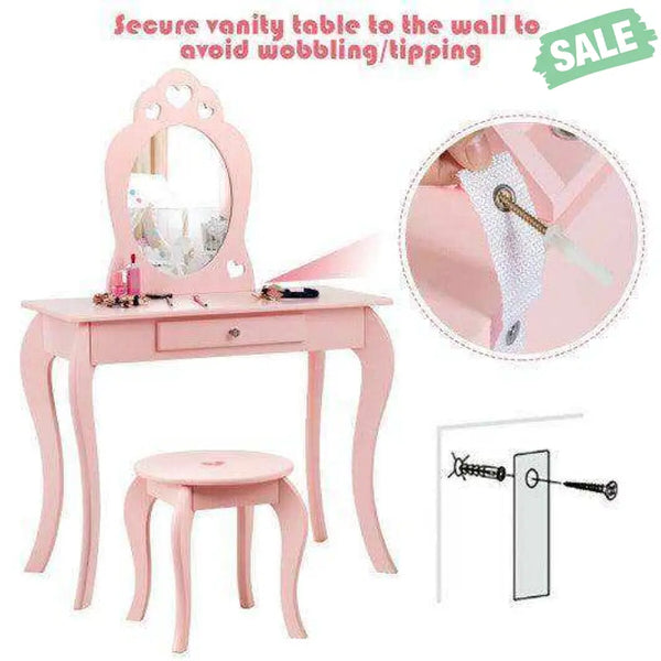 Kids Princess Makeup Dressing Play Table Set with Mirror -Pink Pink Kids Vanities