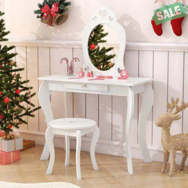 Kids Princess Makeup Dressing Play Table Set with Mirror -Pink Pink Kids Vanities