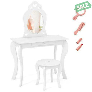 Kids Princess Makeup Dressing Play Table Set with Mirror -Pink Pink Kids Vanities