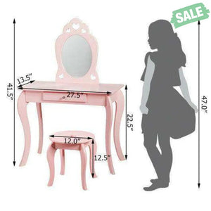 Kids Princess Makeup Dressing Play Table Set with Mirror -Pink Pink Kids Vanities