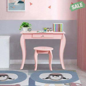 Kids Princess Makeup Dressing Play Table Set with Mirror -Pink Pink Kids Vanities