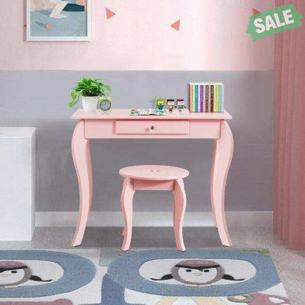 Kids Princess Makeup Dressing Play Table Set with Mirror -Pink Pink Kids Vanities
