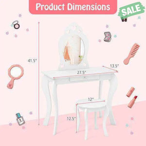 Kids Princess Makeup Dressing Play Table Set with Mirror -Pink Pink Kids Vanities