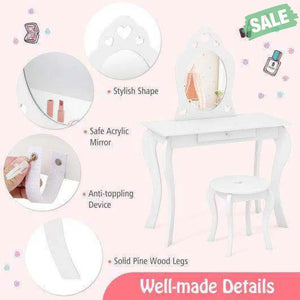 Kids Princess Makeup Dressing Play Table Set with Mirror -Pink Pink Kids Vanities
