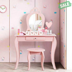 Kids Princess Makeup Dressing Play Table Set with Mirror -Pink Pink Kids Vanities