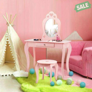 Kids Princess Makeup Dressing Play Table Set with Mirror -Pink Pink Kids Vanities