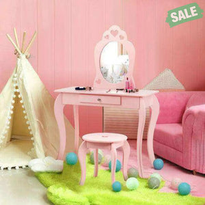Kids Princess Makeup Dressing Play Table Set with Mirror -Pink Pink Kids Vanities