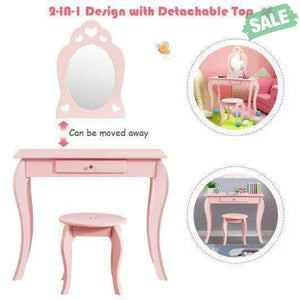 Kids Princess Makeup Dressing Play Table Set with Mirror -Pink Pink Kids Vanities
