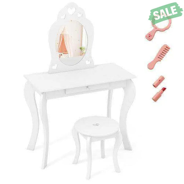 Kids Princess Makeup Dressing Play Table Set with Mirror -Pink Pink Kids Vanities