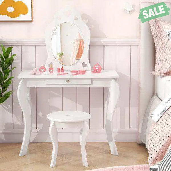 Kids Princess Makeup Dressing Play Table Set with Mirror -Pink Pink Kids Vanities