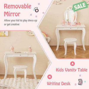 Kids Princess Makeup Dressing Play Table Set with Mirror -Pink Pink Kids Vanities