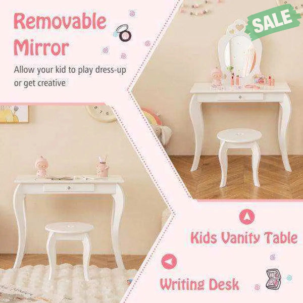Kids Princess Makeup Dressing Play Table Set with Mirror -Pink Pink Kids Vanities