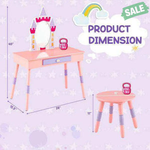 Kids Princess Vanity Table and Stool Set with Drawer and Mirror-Pink Kids Vanities