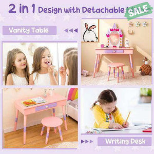 Kids Princess Vanity Table and Stool Set with Drawer and Mirror-Pink Kids Vanities