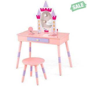 Kids Princess Vanity Table and Stool Set with Drawer and Mirror-Pink Kids Vanities