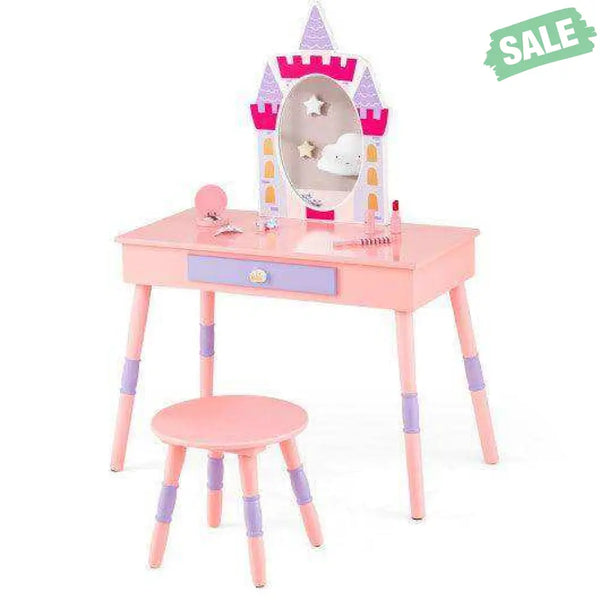 Kids Princess Vanity Table and Stool Set with Drawer and Mirror-Pink Kids Vanities