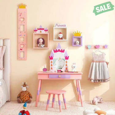 Kids Princess Vanity Table and Stool Set with Drawer and Mirror-Pink Kids Vanities
