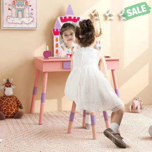 Kids Princess Vanity Table and Stool Set with Drawer and Mirror-Pink Kids Vanities