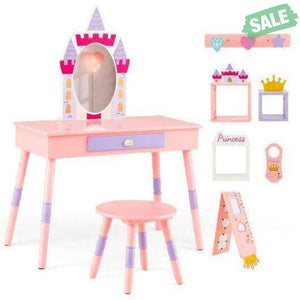 Kids Princess Vanity Table and Stool Set with Drawer and Mirror-Pink Kids Vanities