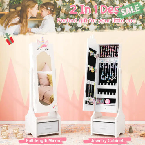 Kids Princess Vanity Table and Stool Set with Jewelry Cabinet and Mirror Drawer-White White Kids Vanities