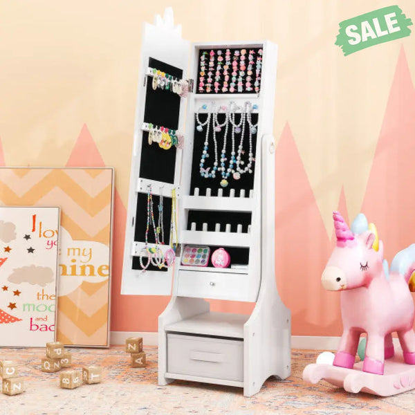 Kids Princess Vanity Table and Stool Set with Jewelry Cabinet and Mirror Drawer-White Kids Vanities