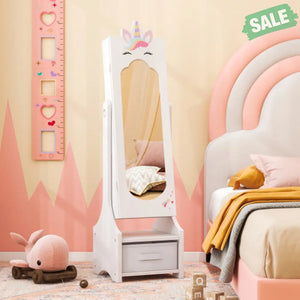 Kids Princess Vanity Table and Stool Set with Jewelry Cabinet and Mirror Drawer-White Kids Vanities