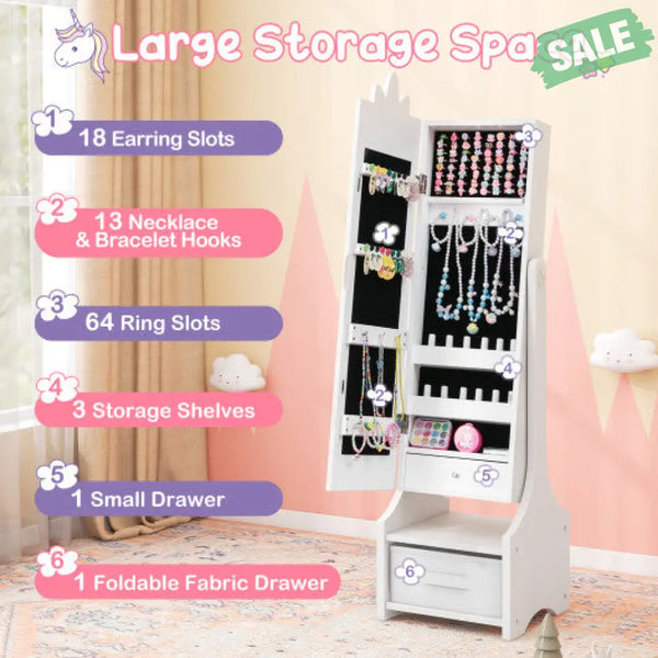 Kids Princess Vanity Table and Stool Set with Jewelry Cabinet and Mirror Drawer-White Kids Vanities