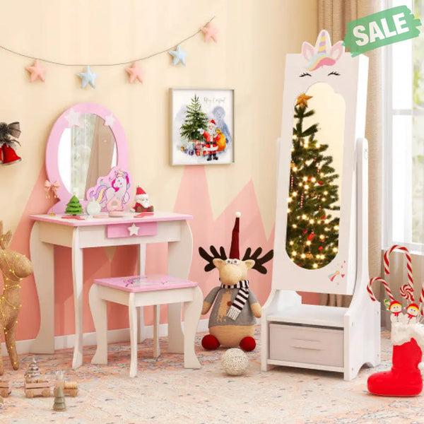 Kids Princess Vanity Table and Stool Set with Jewelry Cabinet and Mirror Drawer-White Kids Vanities