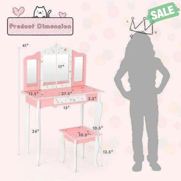 Kids Princess Vanity Table and Stool Set with Tri-folding Mirror and Drawer-Pink Pink Kids Vanities