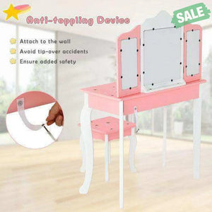 Kids Princess Vanity Table and Stool Set with Tri-folding Mirror and Drawer-Pink Pink Kids Vanities