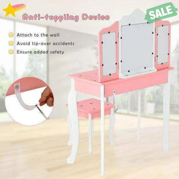 Kids Princess Vanity Table and Stool Set with Tri-folding Mirror and Drawer-Pink Pink Kids Vanities