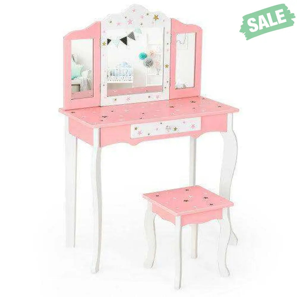 Kids Princess Vanity Table and Stool Set with Tri-folding Mirror and Drawer-Pink Pink Kids Vanities