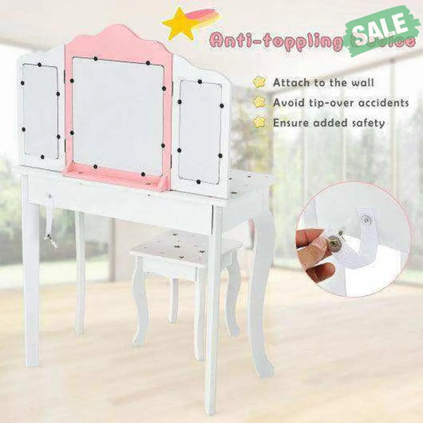 Kids Princess Vanity Table and Stool Set with Tri-folding Mirror and Drawer-Pink Pink Kids Vanities